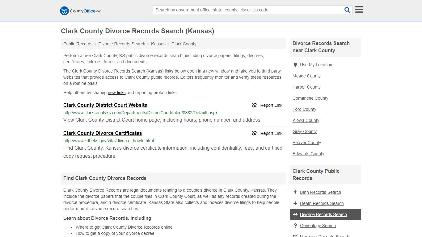 Clark County Divorce Records Search (Kansas) - County Office